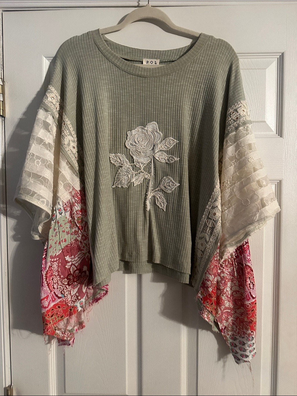 POL Olive Green Ribbed Top with Floral Lace Sleeves